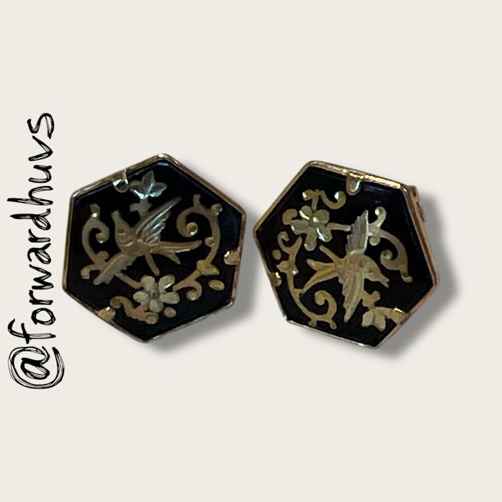 Damascus Steel Hex Stud Earrings – Gold Floral Etch 0.5”